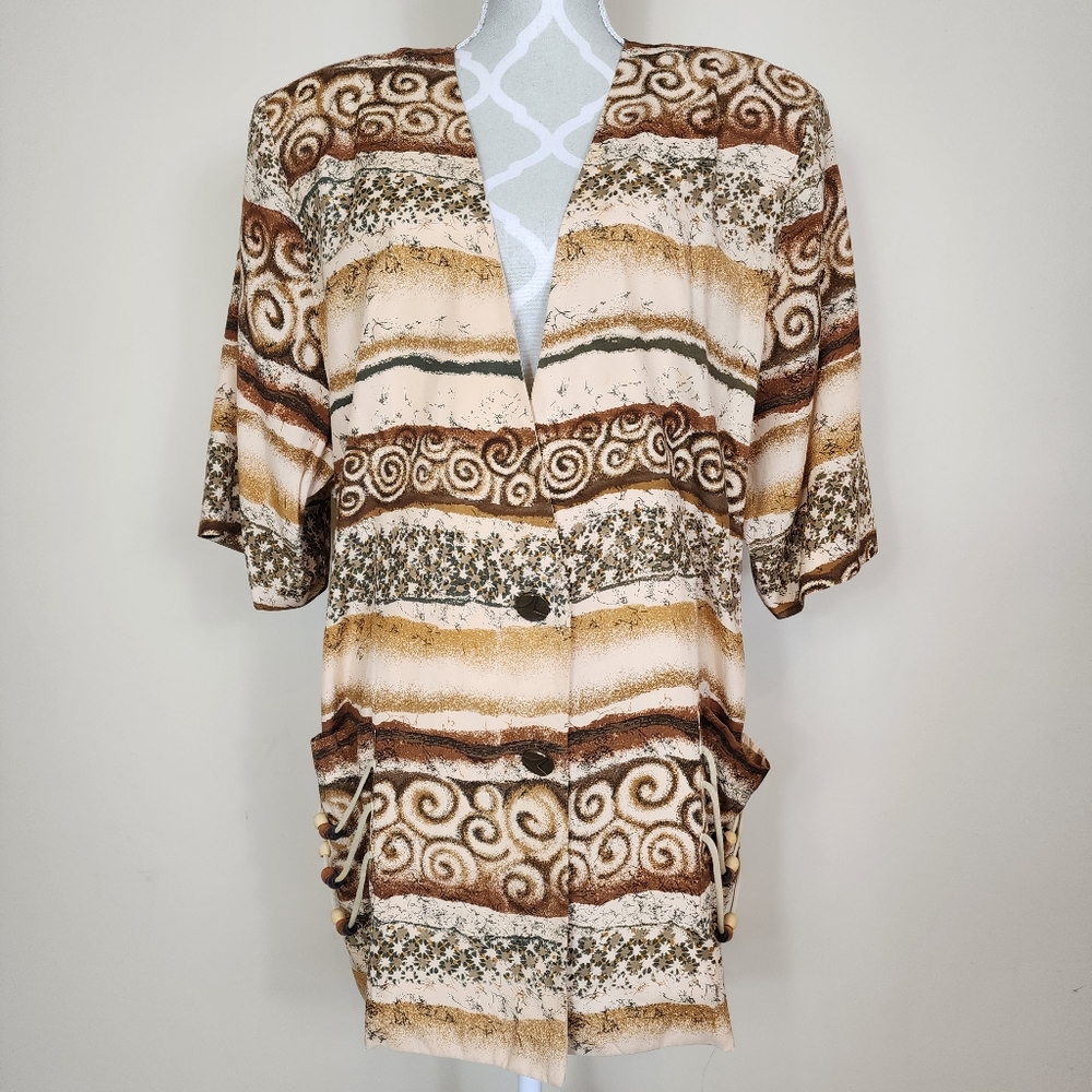 Vintage Yves Venet Tribal Boho Oversized Short Sleeve Shirt Tunic Size Large
